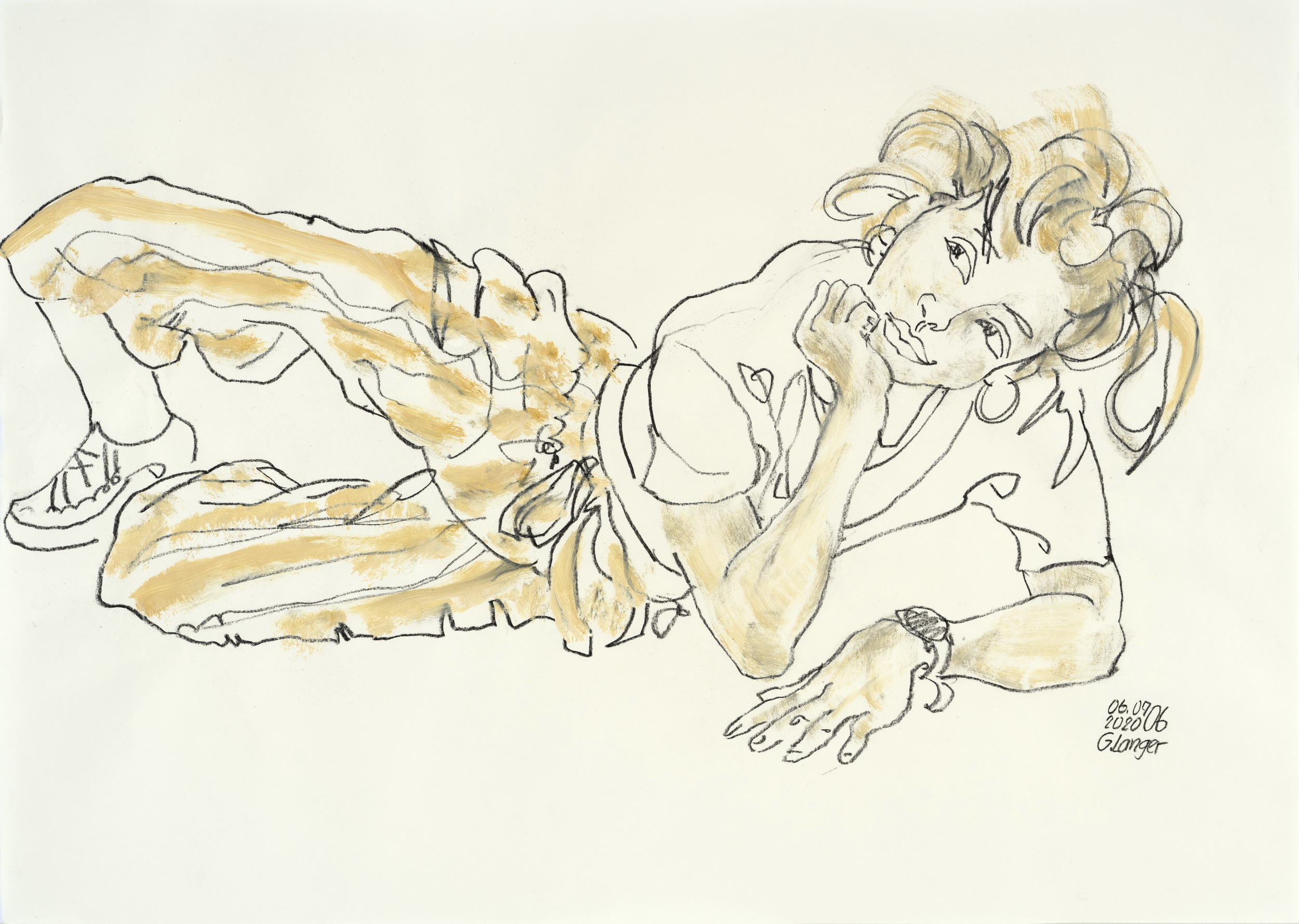 Gunter Langer, Liegendes Mädchen, Strahlend, 2020, Gouache Wasserfarbe Kohle, Zeichenpapier, 51 x 71 cm